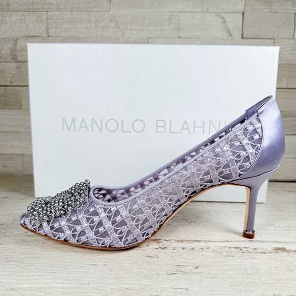 Manolo Blahnik Hangisi Size 38 Lace 70MM Pumps Heels Lilac Periwinkle $1245 New - Picture 10 of 15